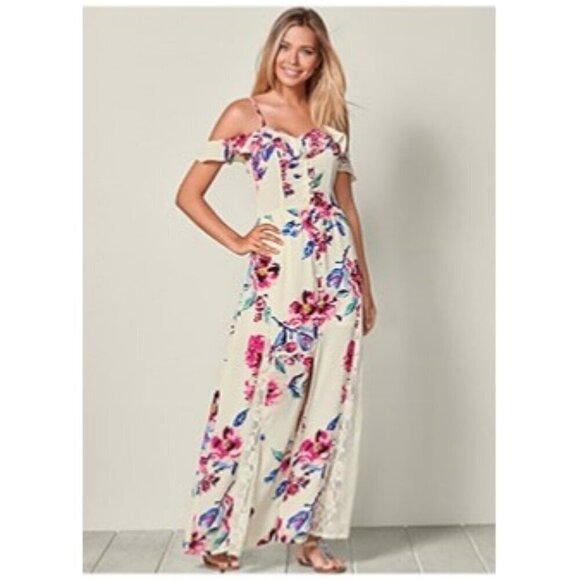 Venus Women's Floral Cold Shoulder Lace Trim Button Front Maxi Dress - Medium - Picture 16 of 16